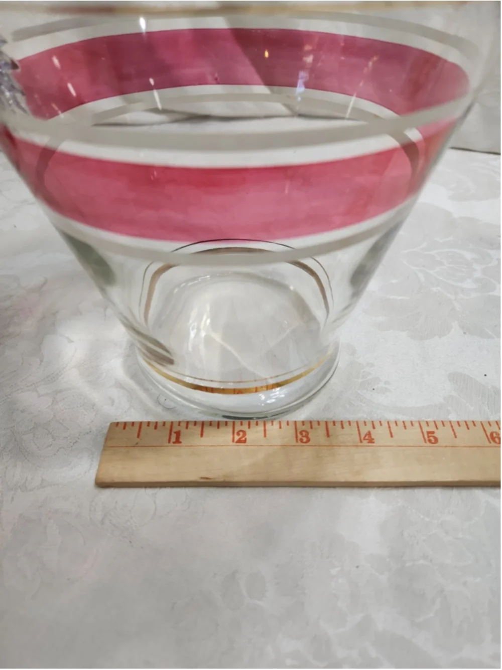 MCM Glass Pitcher Ice Lip Pink White Enamel Stripe Gold Trim Ribbed Handle
